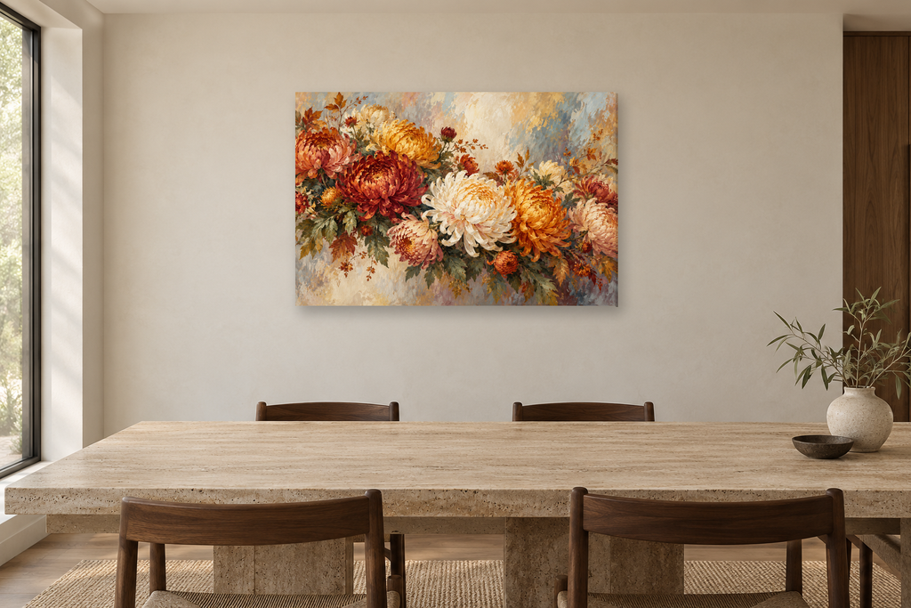 Autumn Chrysanthemums — horizontal canvas in a dining room, full original artwork