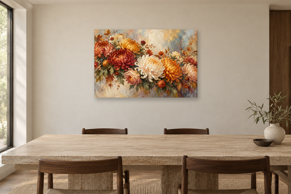 Autumn Chrysanthemums — horizontal canvas in a dining room, full original artwork