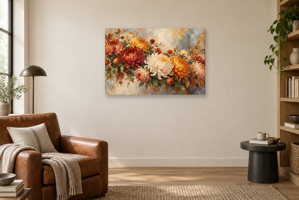 Autumn Chrysanthemums — horizontal canvas in a reading corner, full original artwork