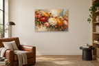 Autumn Chrysanthemums — horizontal canvas in a reading corner, full original artwork