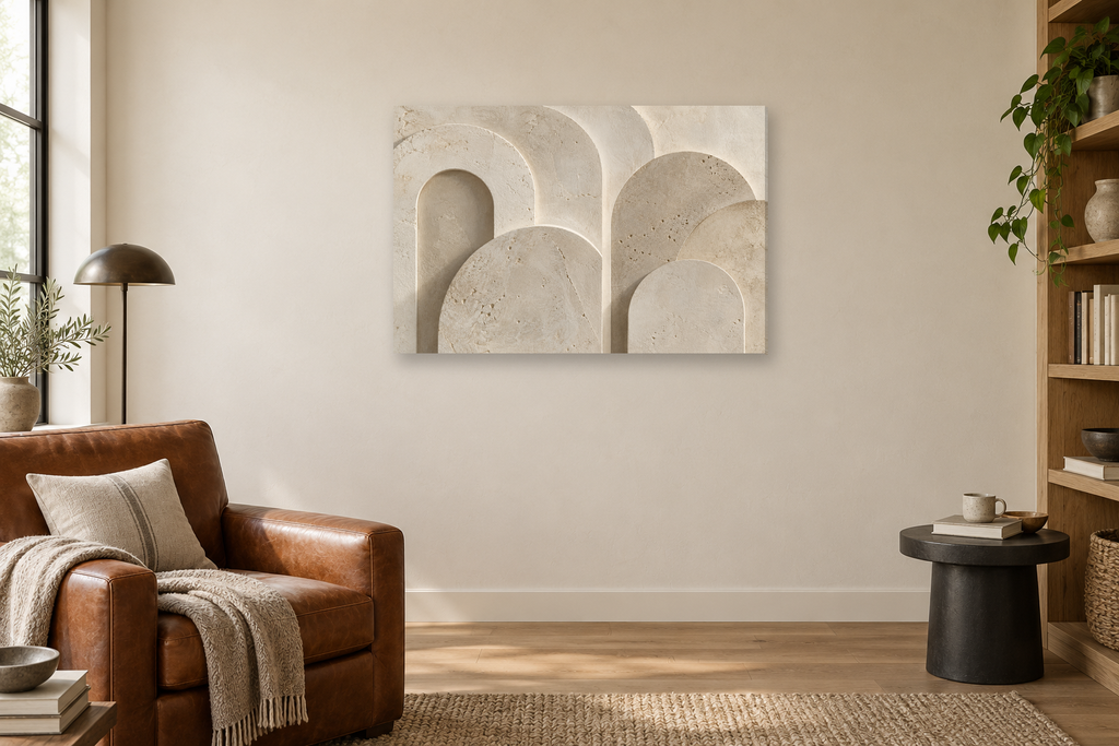 Limestone Arches — horizontal canvas in a reading corner, full original artwork