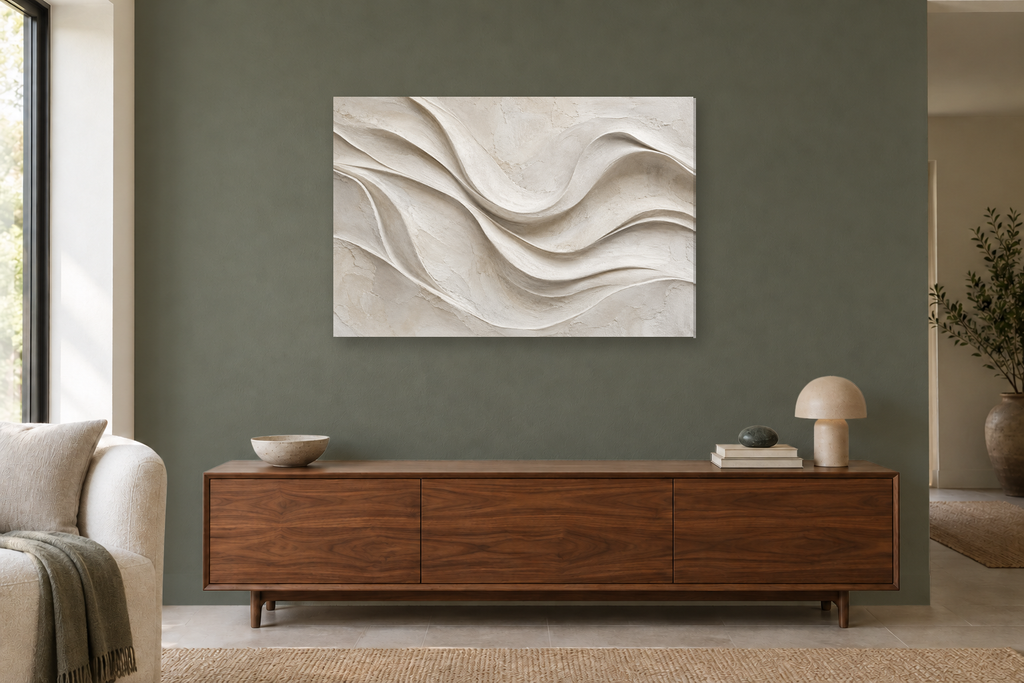 Chalk And Shadow — horizontal canvas in a living room, full original artwork
