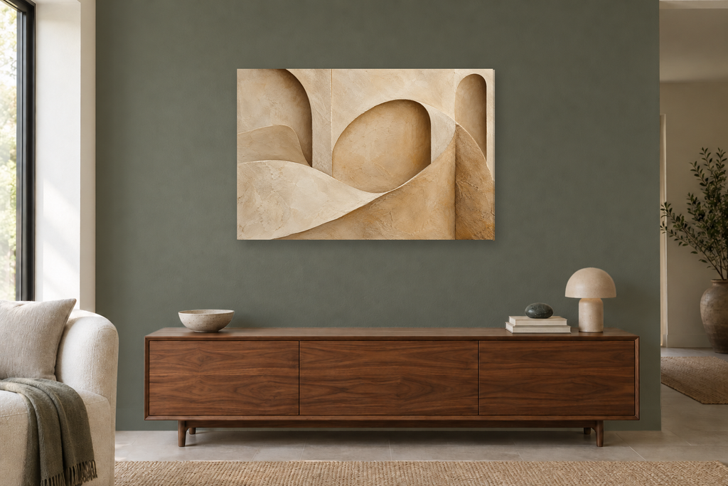 Sandstone Fold — horizontal canvas in a living room, full original artwork