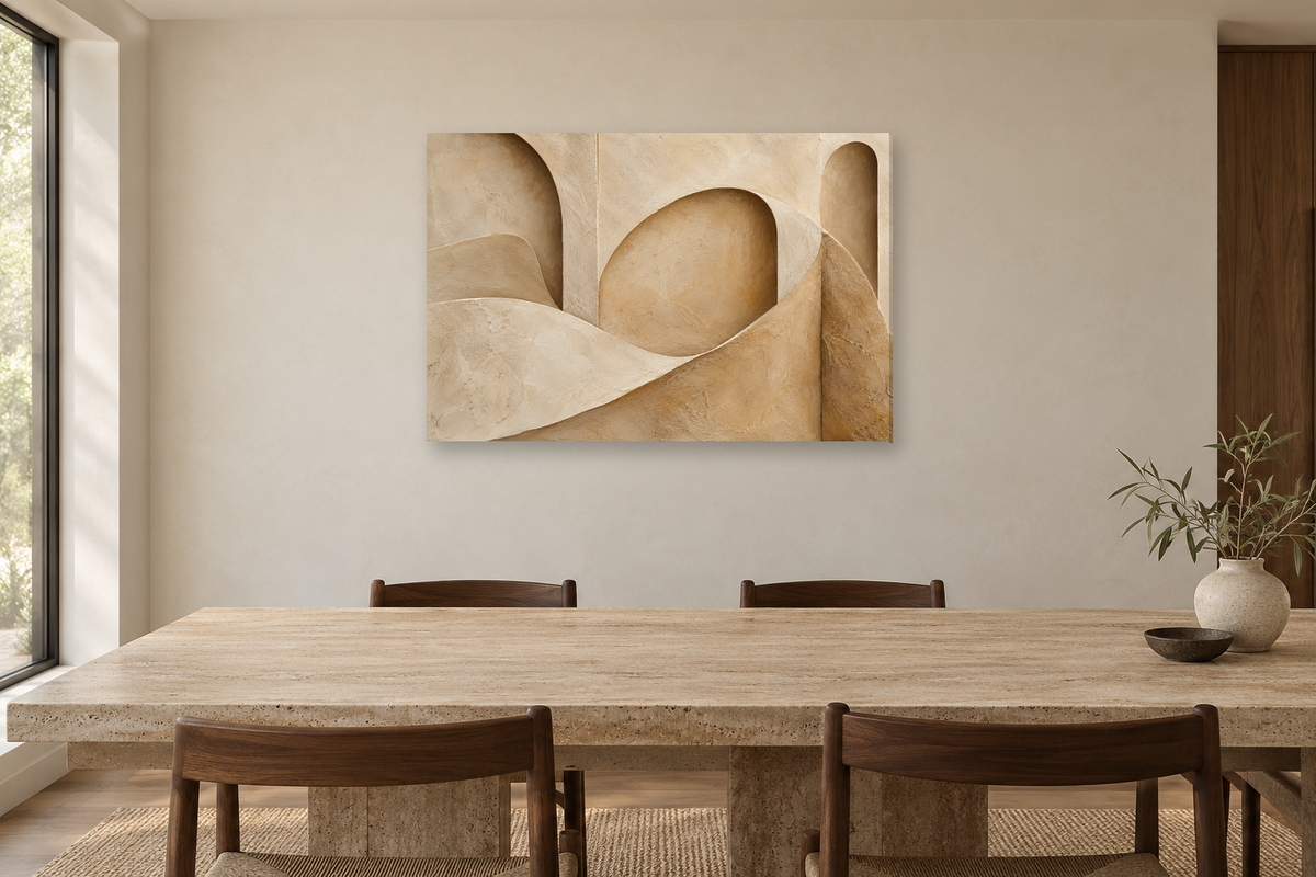 Sandstone Fold — horizontal canvas in a dining room, full original artwork