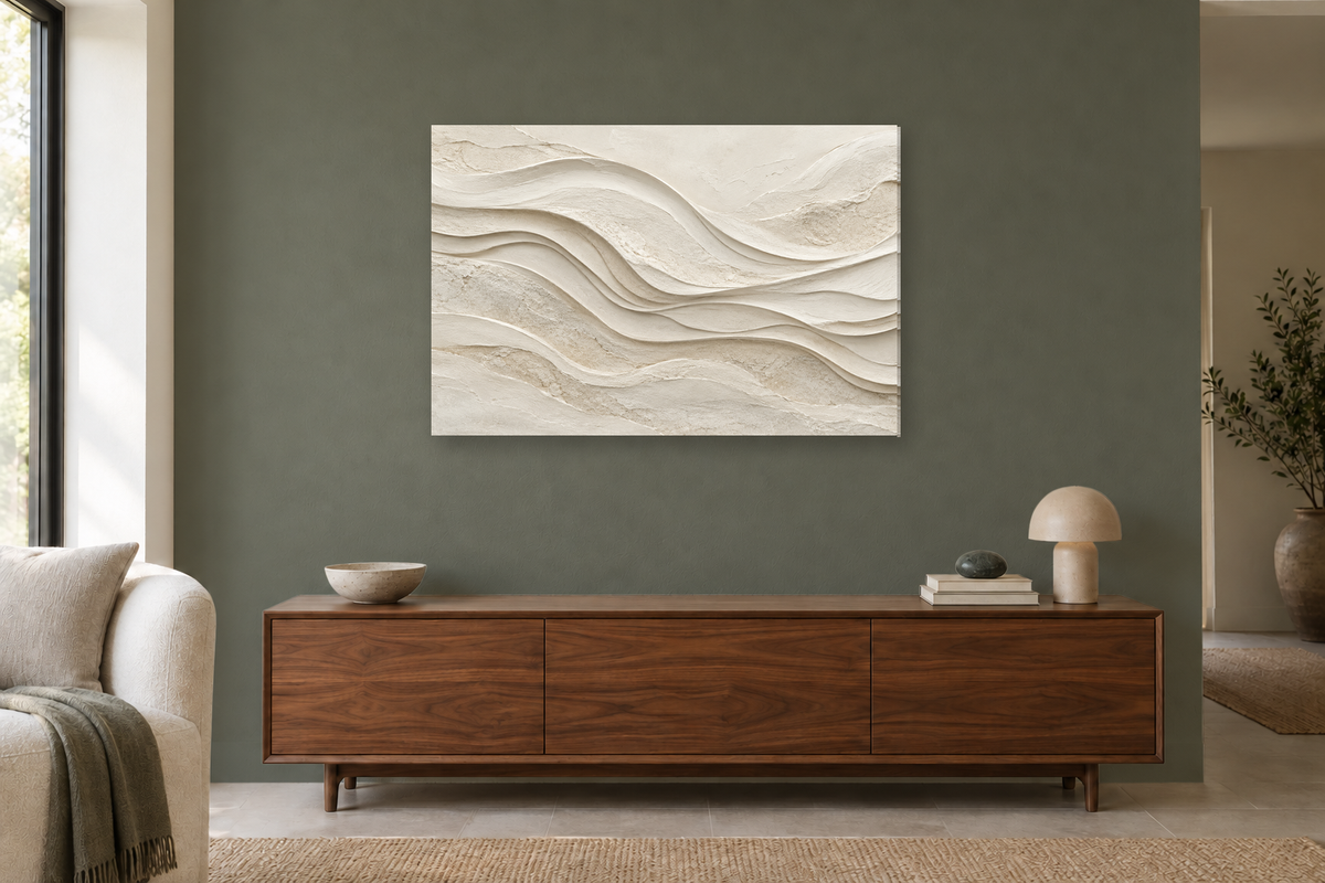 Ivory Waves — horizontal canvas in a living room, full original artwork