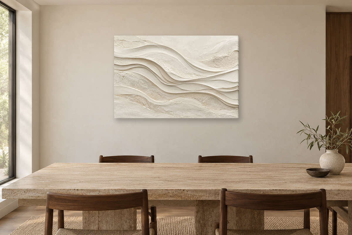Ivory Waves — horizontal canvas in a dining room, full original artwork