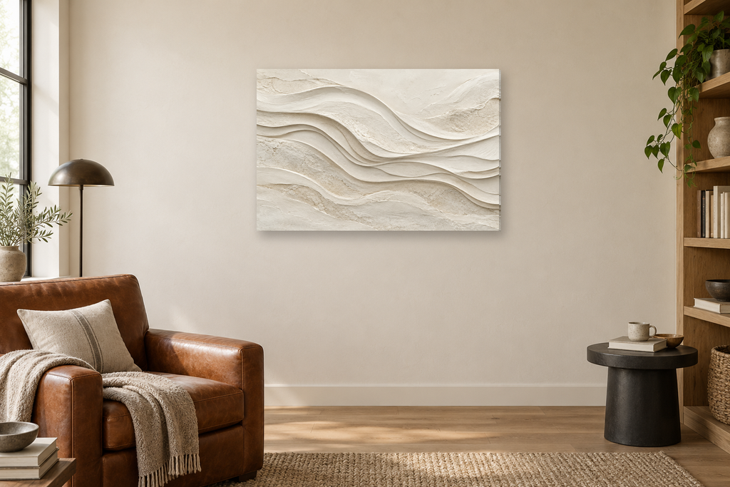 Ivory Waves — horizontal canvas in a reading corner, full original artwork