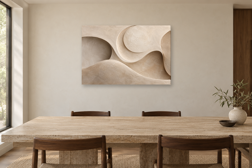 Clay Crescent — horizontal canvas in a dining room, full original artwork