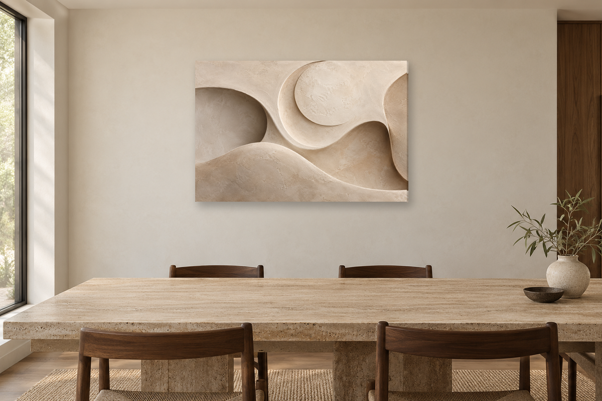 Clay Crescent — horizontal canvas in a dining room, full original artwork
