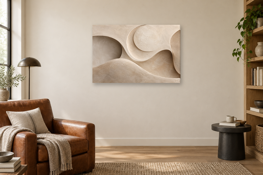 Clay Crescent — horizontal canvas in a reading corner, full original artwork