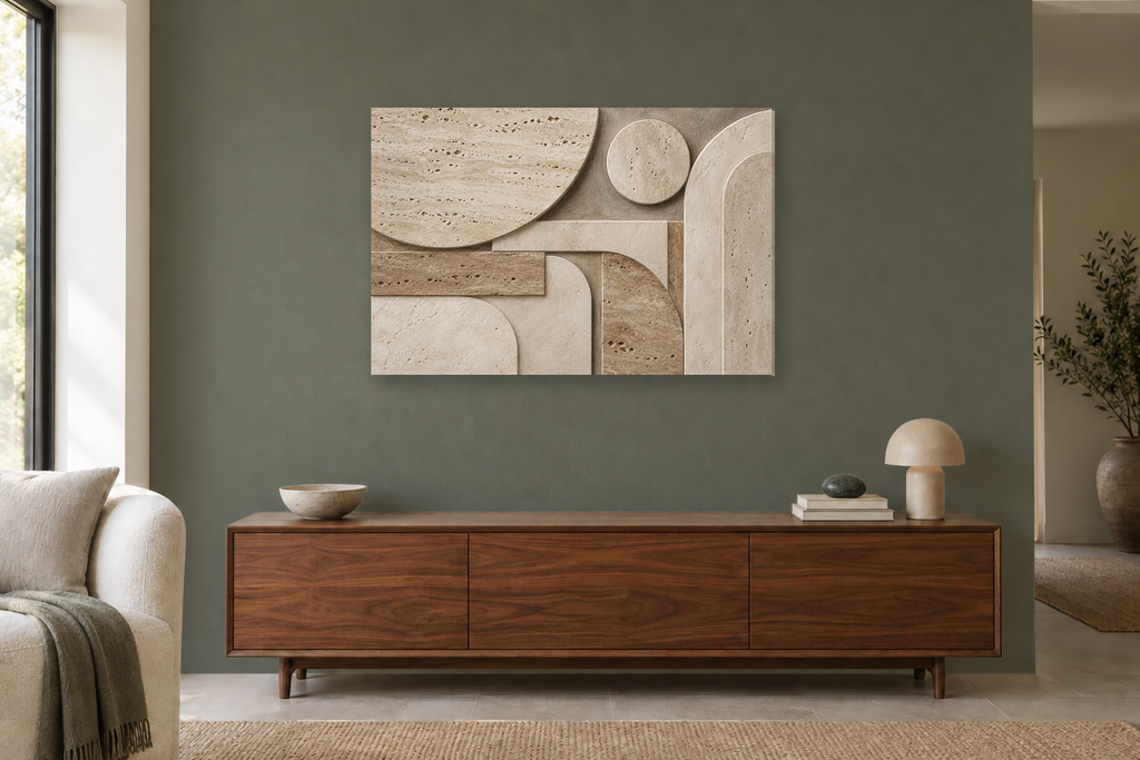 Travertine Rhythm — horizontal canvas in a living room, full original artwork