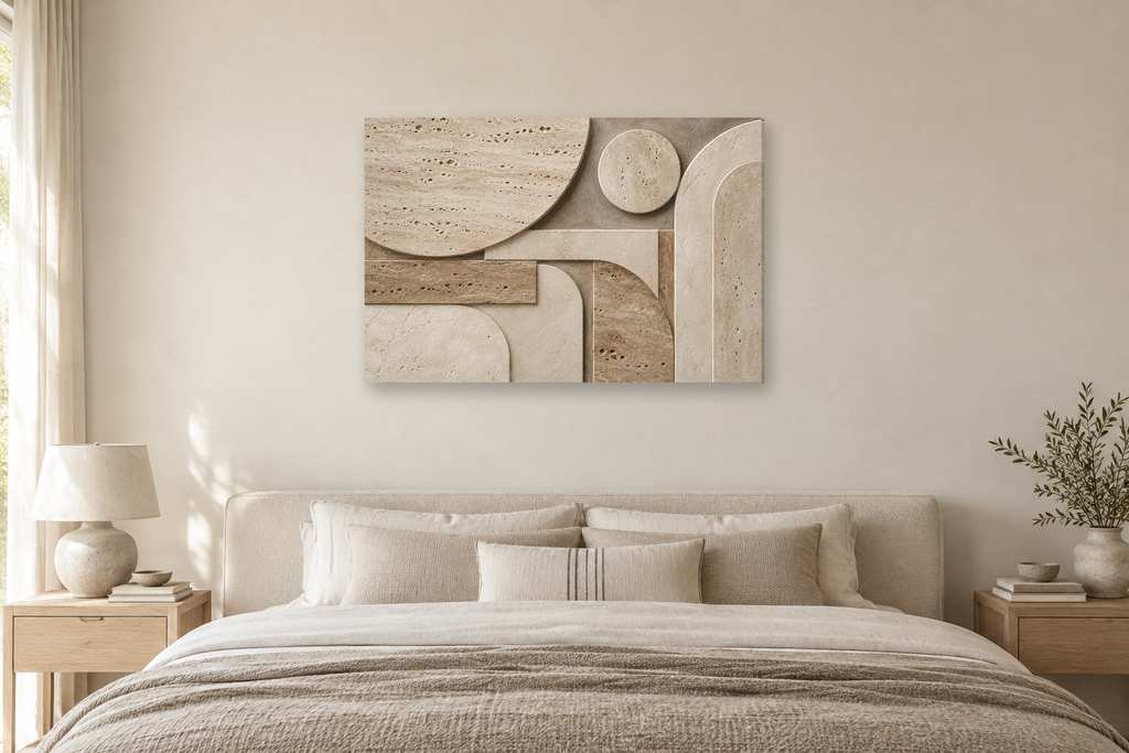 Travertine Rhythm — horizontal canvas in a bedroom, full original artwork