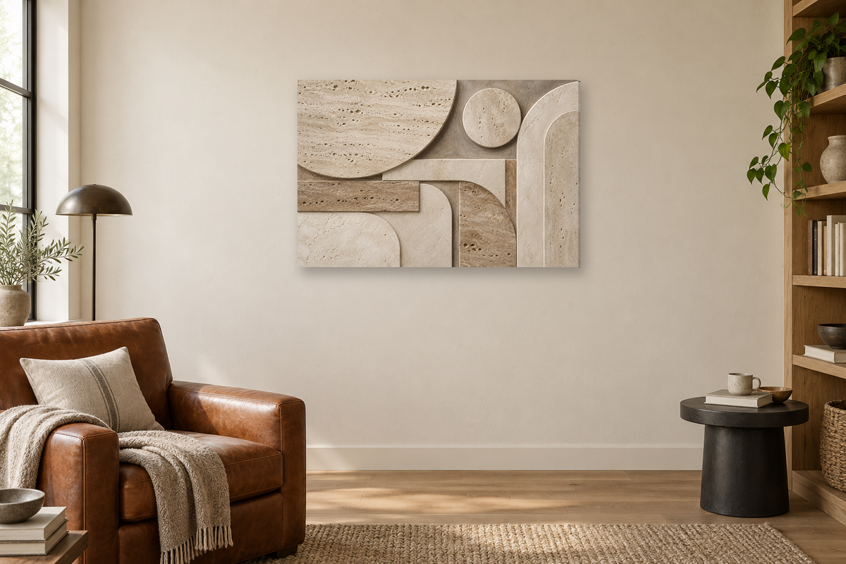 Travertine Rhythm — horizontal canvas in a reading corner, full original artwork