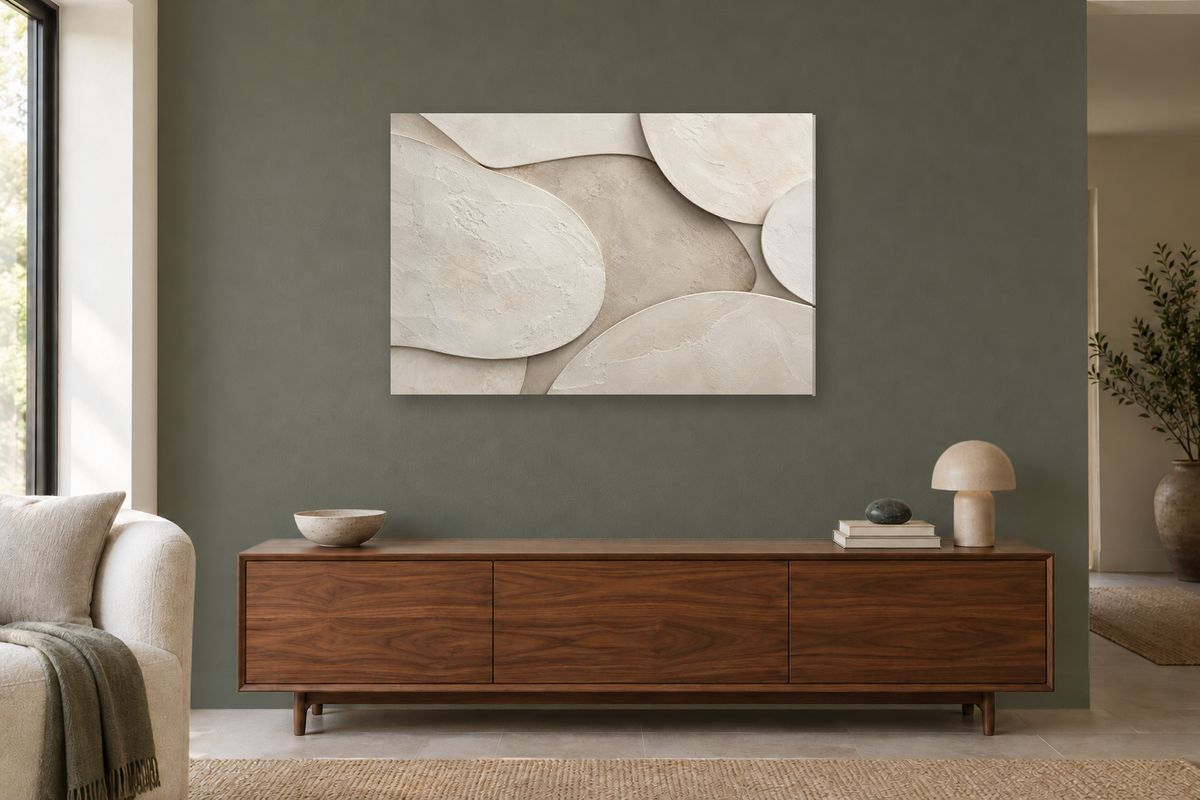 Porcelain Drift — horizontal canvas in a living room, full original artwork