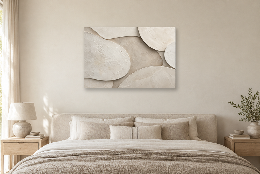 Porcelain Drift — horizontal canvas in a bedroom, full original artwork