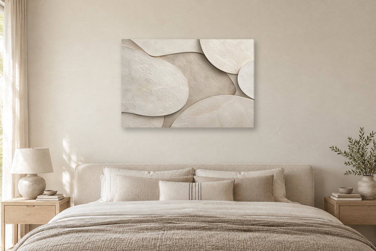Porcelain Drift — horizontal canvas in a bedroom, full original artwork
