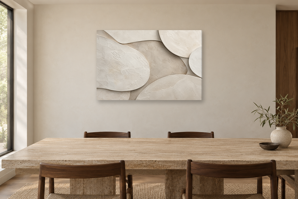 Porcelain Drift — horizontal canvas in a dining room, full original artwork