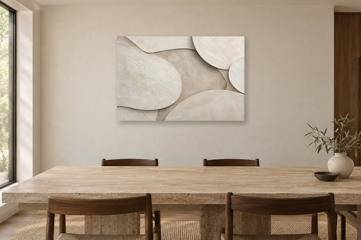 Porcelain Drift — horizontal canvas in a dining room, full original artwork