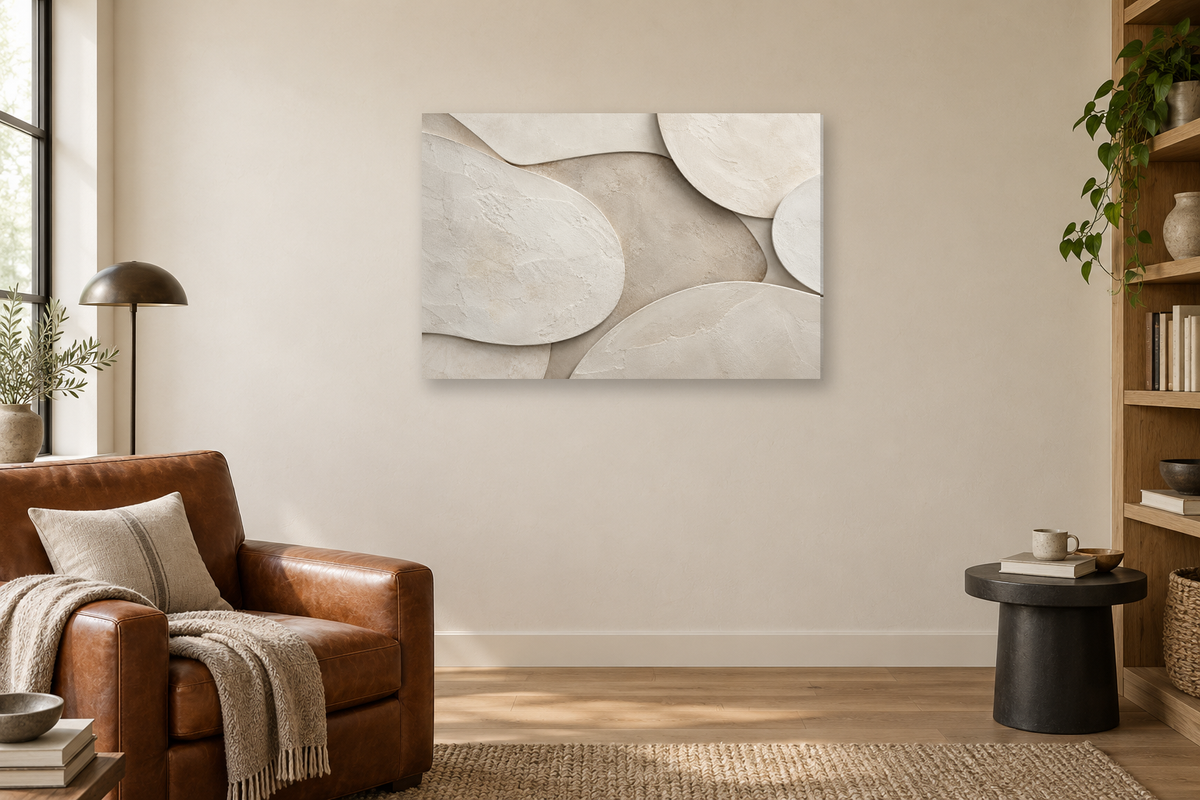 Porcelain Drift — horizontal canvas in a reading corner, full original artwork