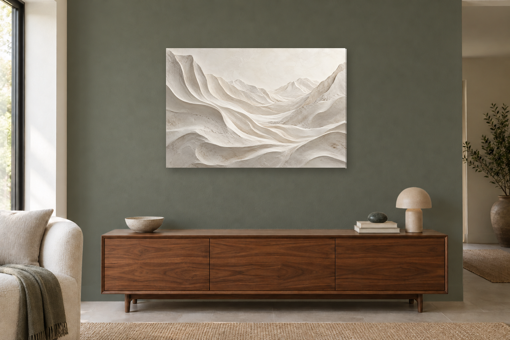 Alabaster Valley — horizontal canvas in a living room, full original artwork