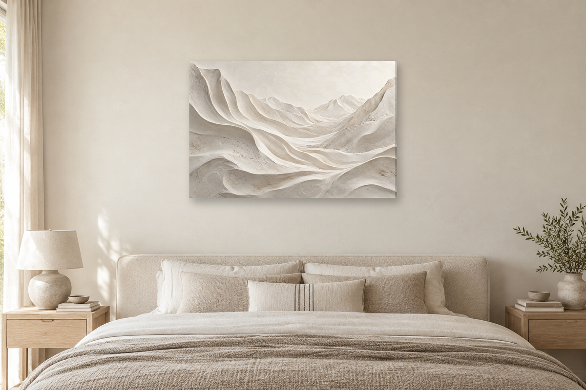Alabaster Valley — horizontal canvas in a bedroom, full original artwork