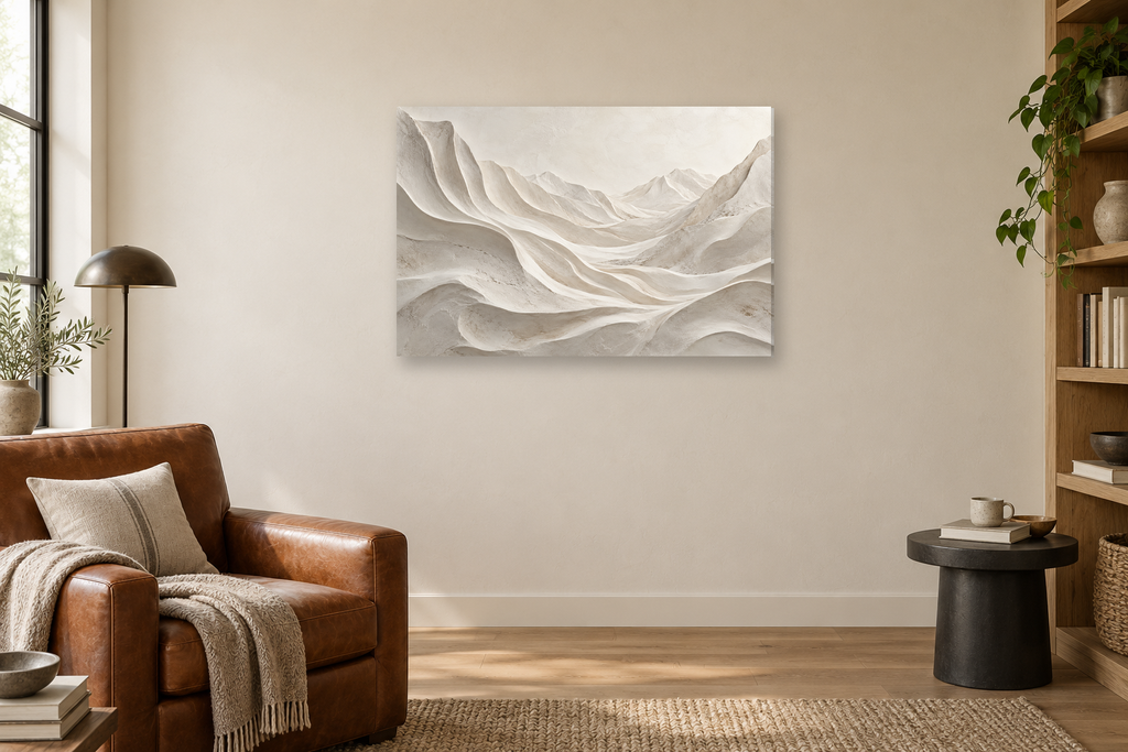Alabaster Valley — horizontal canvas in a reading corner, full original artwork