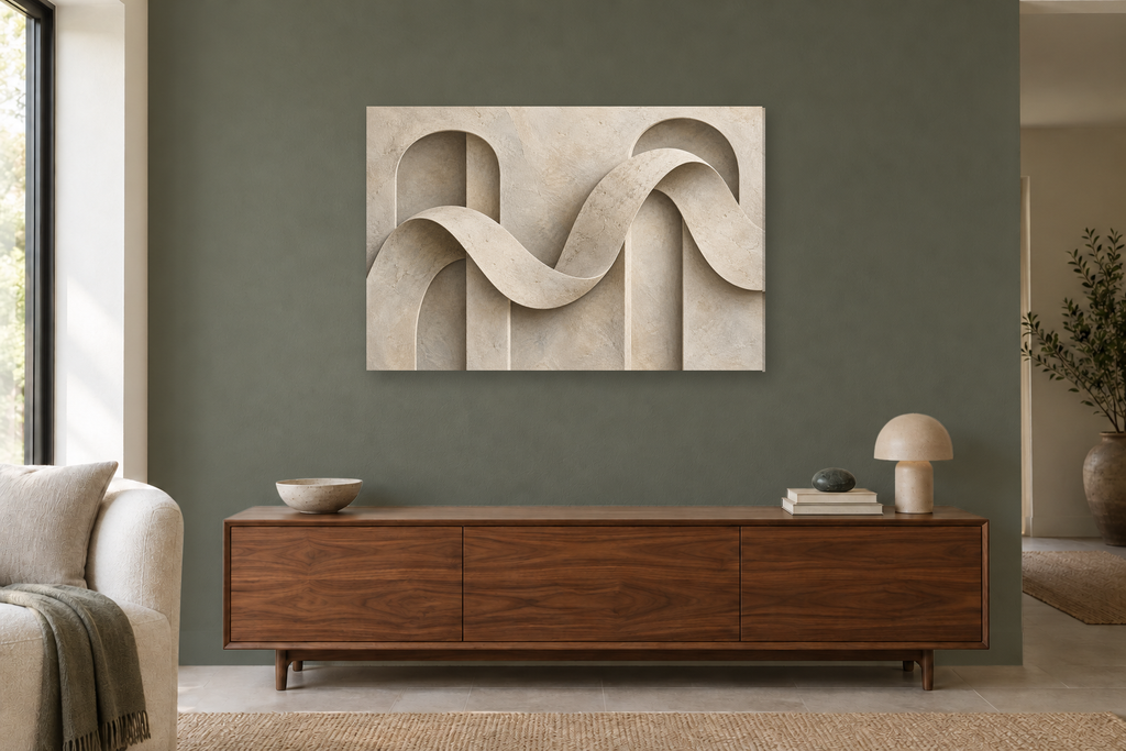 Stone Ribbon — horizontal canvas in a living room, full original artwork