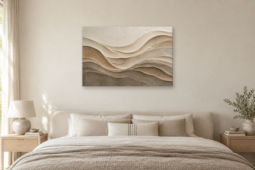 Dune Relief — horizontal canvas in a bedroom, full original artwork