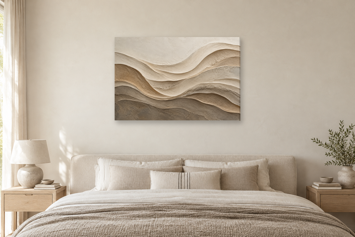 Dune Relief — horizontal canvas in a bedroom, full original artwork