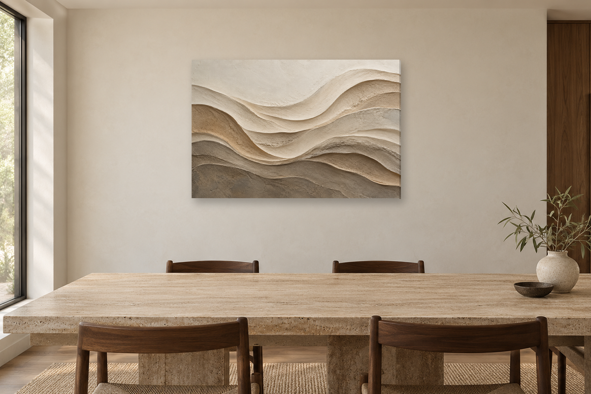Dune Relief — horizontal canvas in a dining room, full original artwork