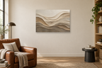 Dune Relief — horizontal canvas in a reading corner, full original artwork