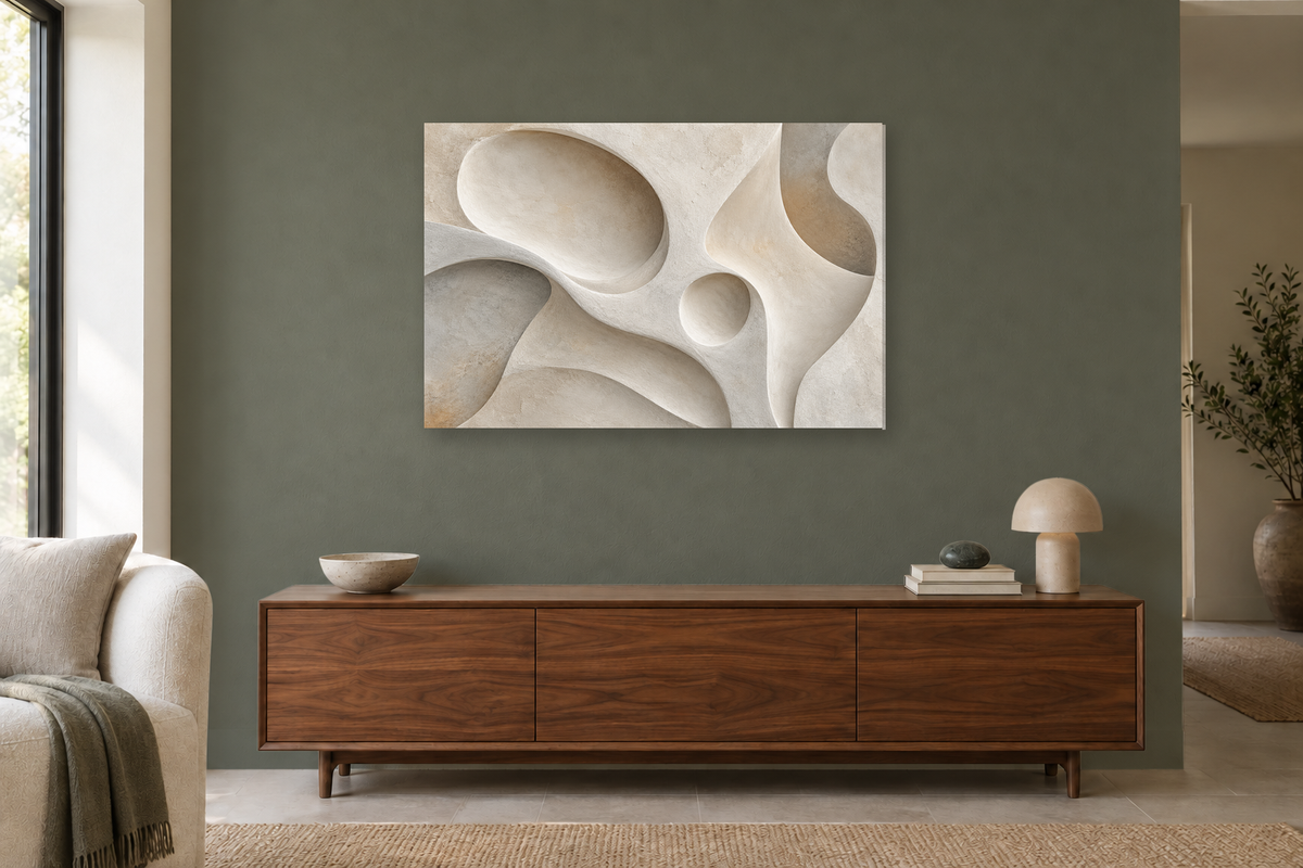 Soft Geometry — horizontal canvas in a living room, full original artwork
