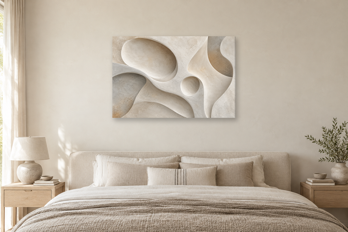 Soft Geometry — horizontal canvas in a bedroom, full original artwork