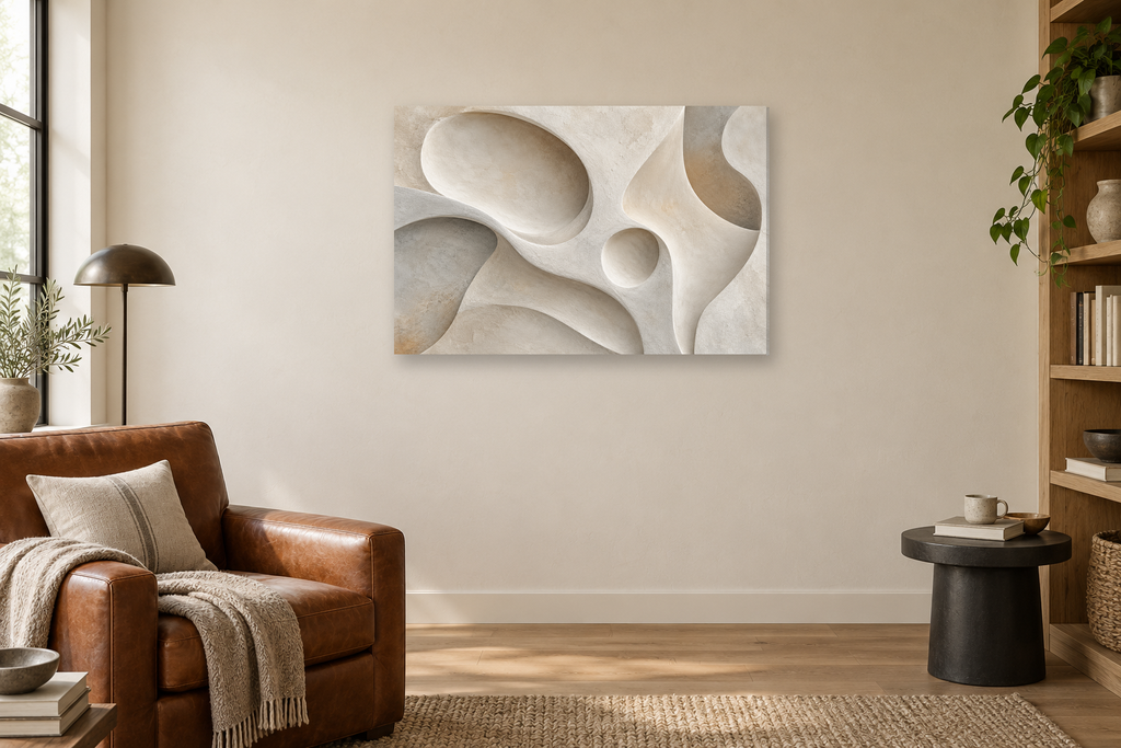 Soft Geometry — horizontal canvas in a reading corner, full original artwork