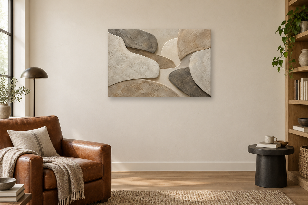 Mineral Passage — horizontal canvas in a reading corner, full original artwork