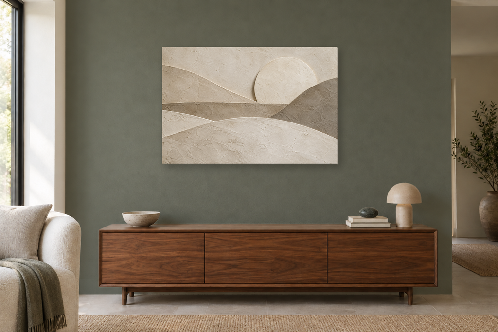 Plaster Horizon — horizontal canvas in a living room, full original artwork