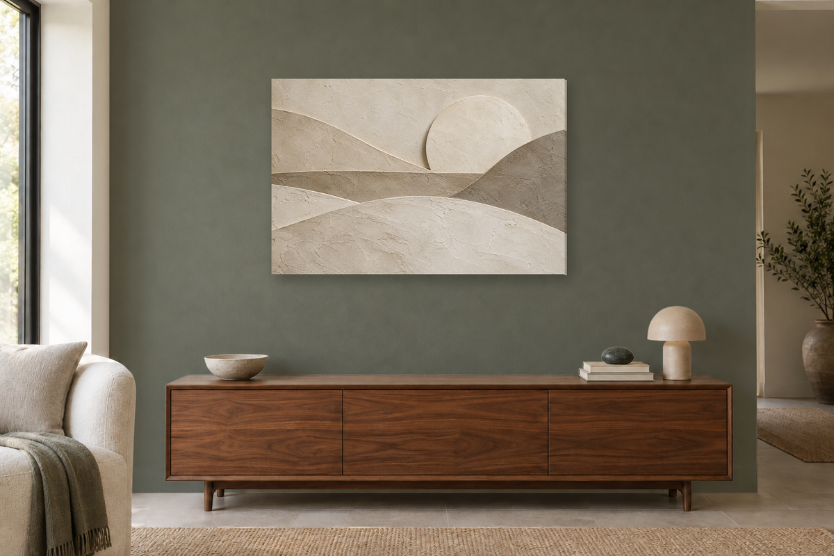 Plaster Horizon — horizontal canvas in a living room, full original artwork