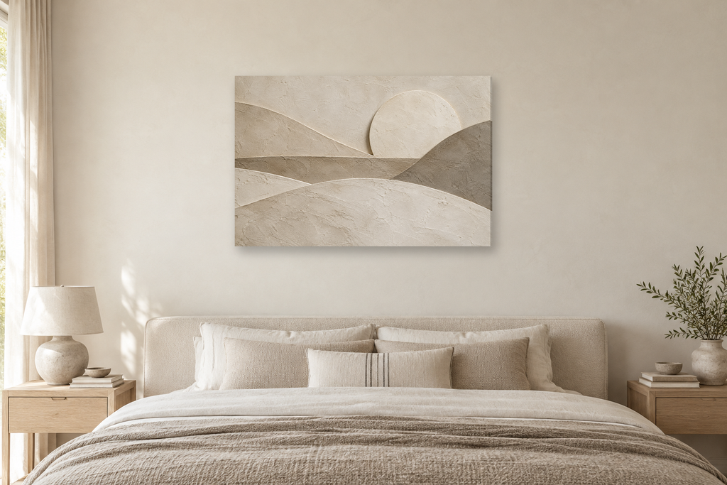 Plaster Horizon — horizontal canvas in a bedroom, full original artwork