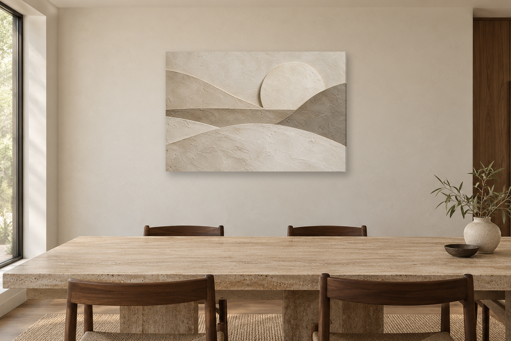 Plaster Horizon — horizontal canvas in a dining room, full original artwork