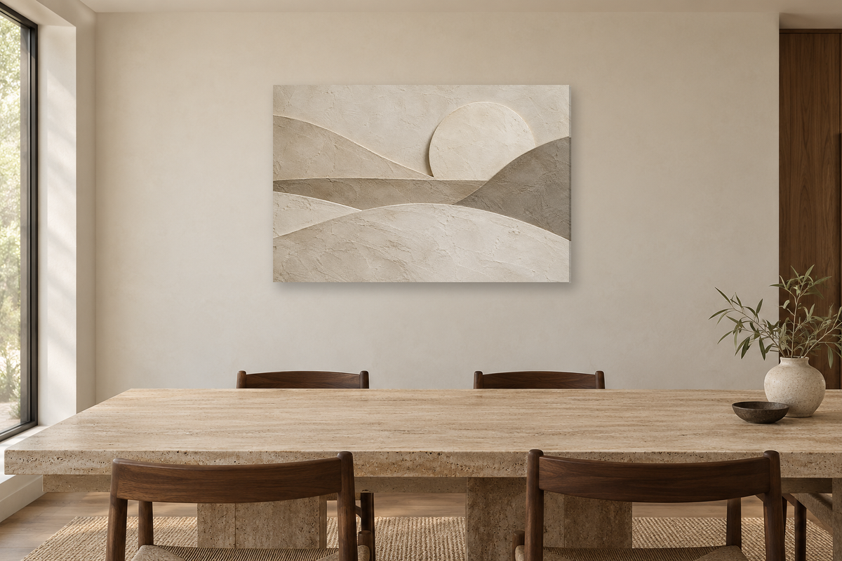 Plaster Horizon — horizontal canvas in a dining room, full original artwork