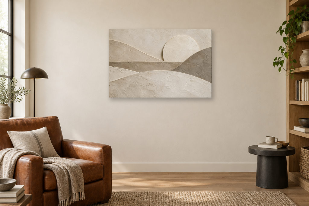 Plaster Horizon — horizontal canvas in a reading corner, full original artwork