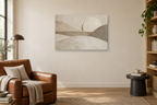 Plaster Horizon — horizontal canvas in a reading corner, full original artwork