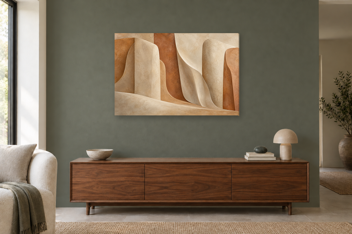 Warm Monoliths — horizontal canvas in a living room, full original artwork