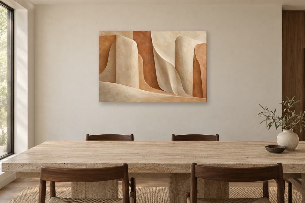Warm Monoliths — horizontal canvas in a dining room, full original artwork