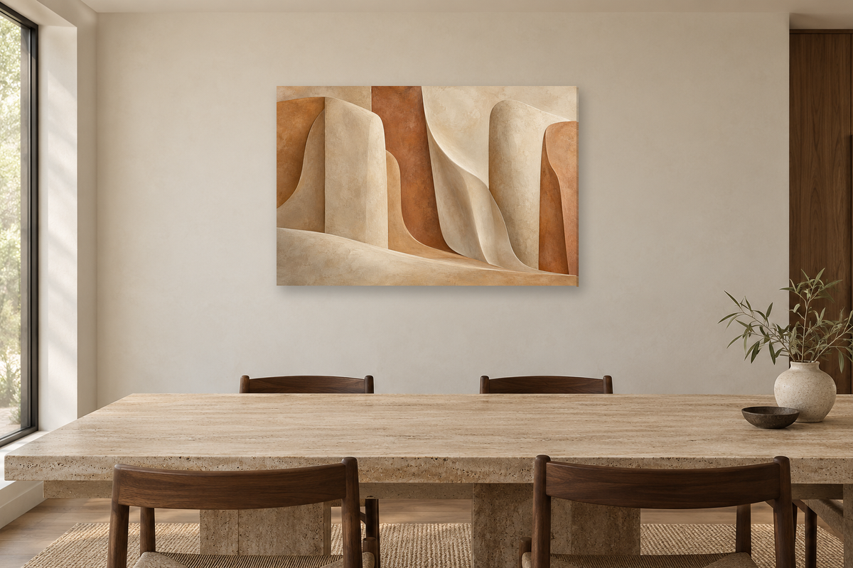 Warm Monoliths — horizontal canvas in a dining room, full original artwork