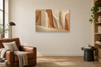 Warm Monoliths — horizontal canvas in a reading corner, full original artwork
