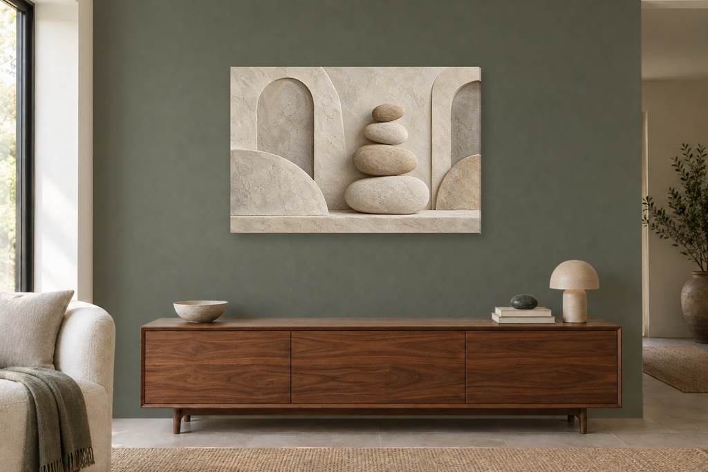Pebble Balance — horizontal canvas in a living room, full original artwork
