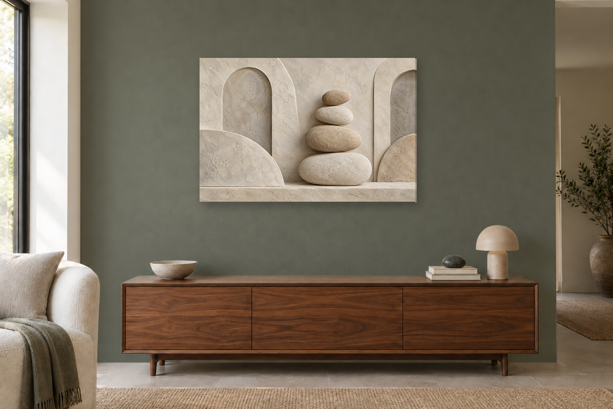 Pebble Balance — horizontal canvas in a living room, full original artwork