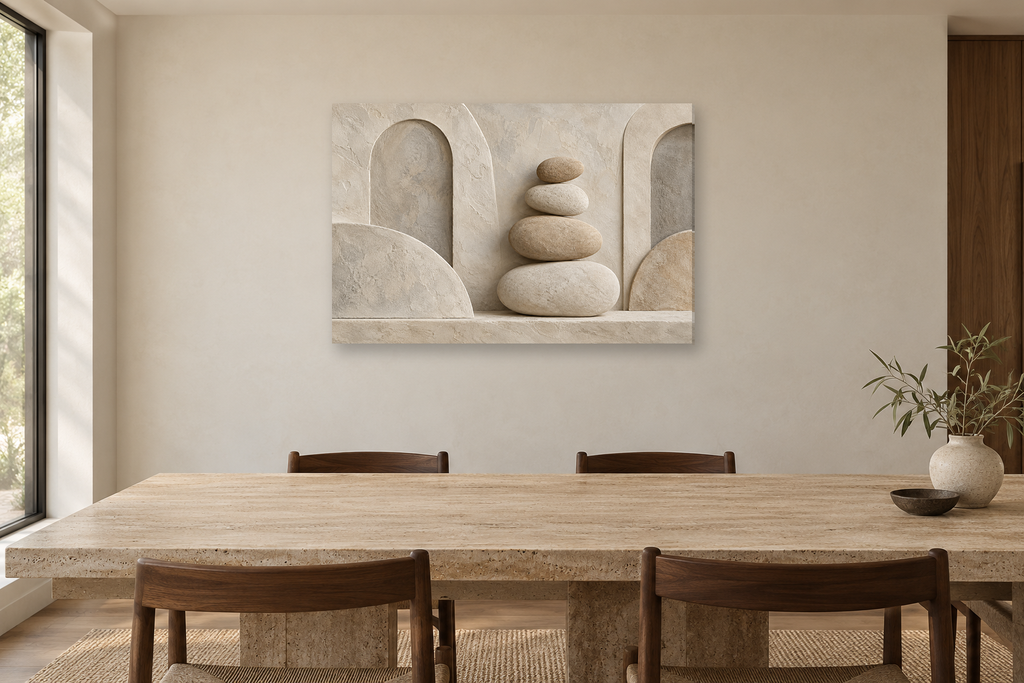 Pebble Balance — horizontal canvas in a dining room, full original artwork