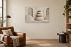 Pebble Balance — horizontal canvas in a reading corner, full original artwork